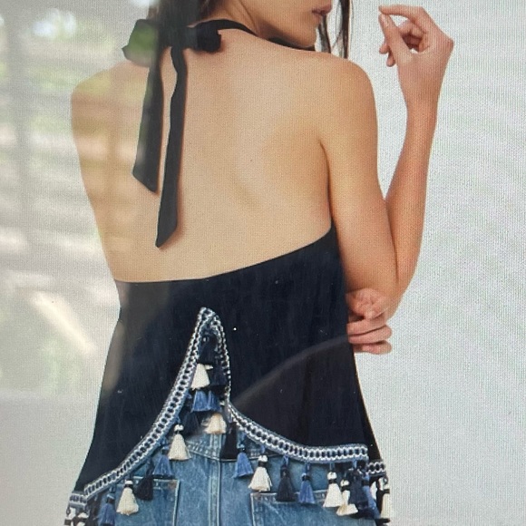 Tularosa Cory navy blue halter top with tassels and embroidery - Picture 2 of 4
